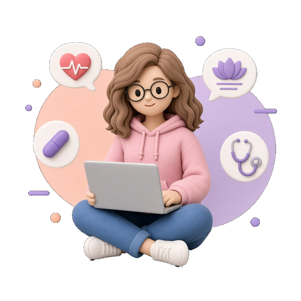 Clay-Figur sitzt mit einem Laptop zwischen Symbolen für Gesundheit und Beratung