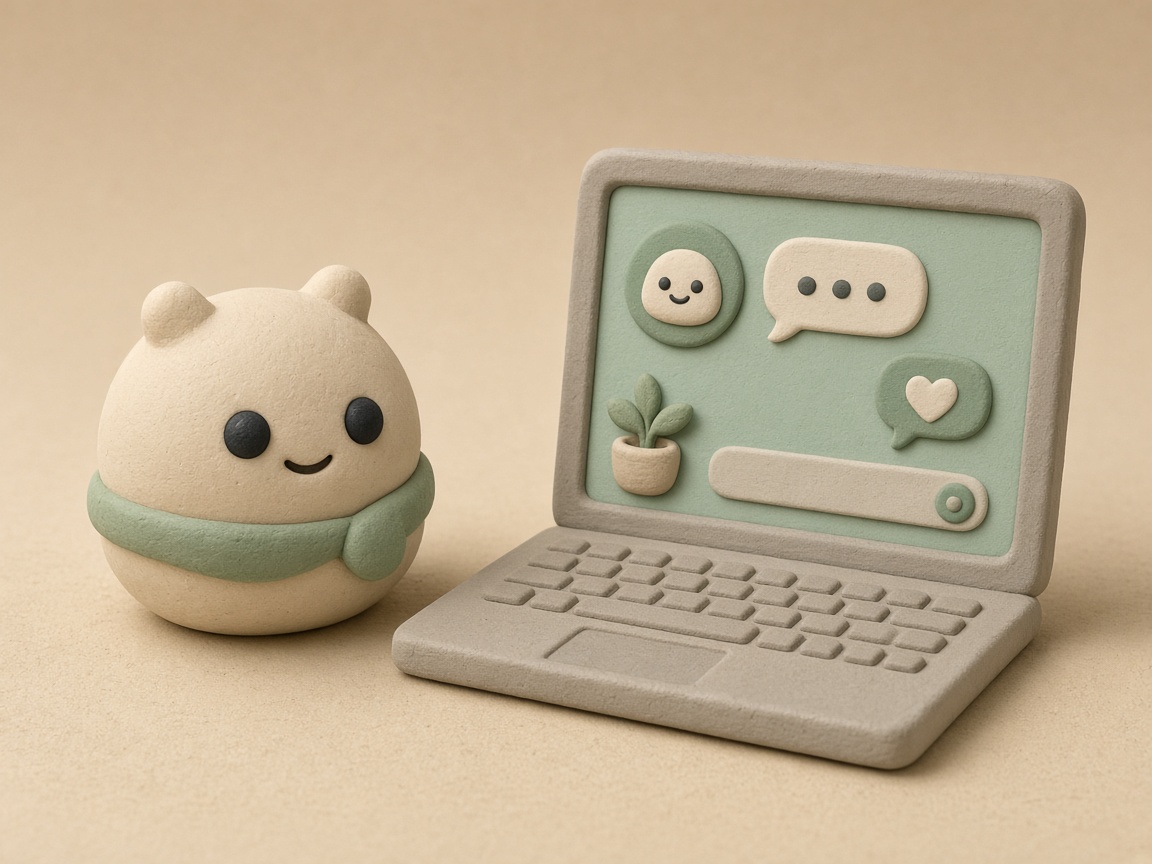 Clay-Figur neben einem ruhigen Assistenten auf dem Laptop