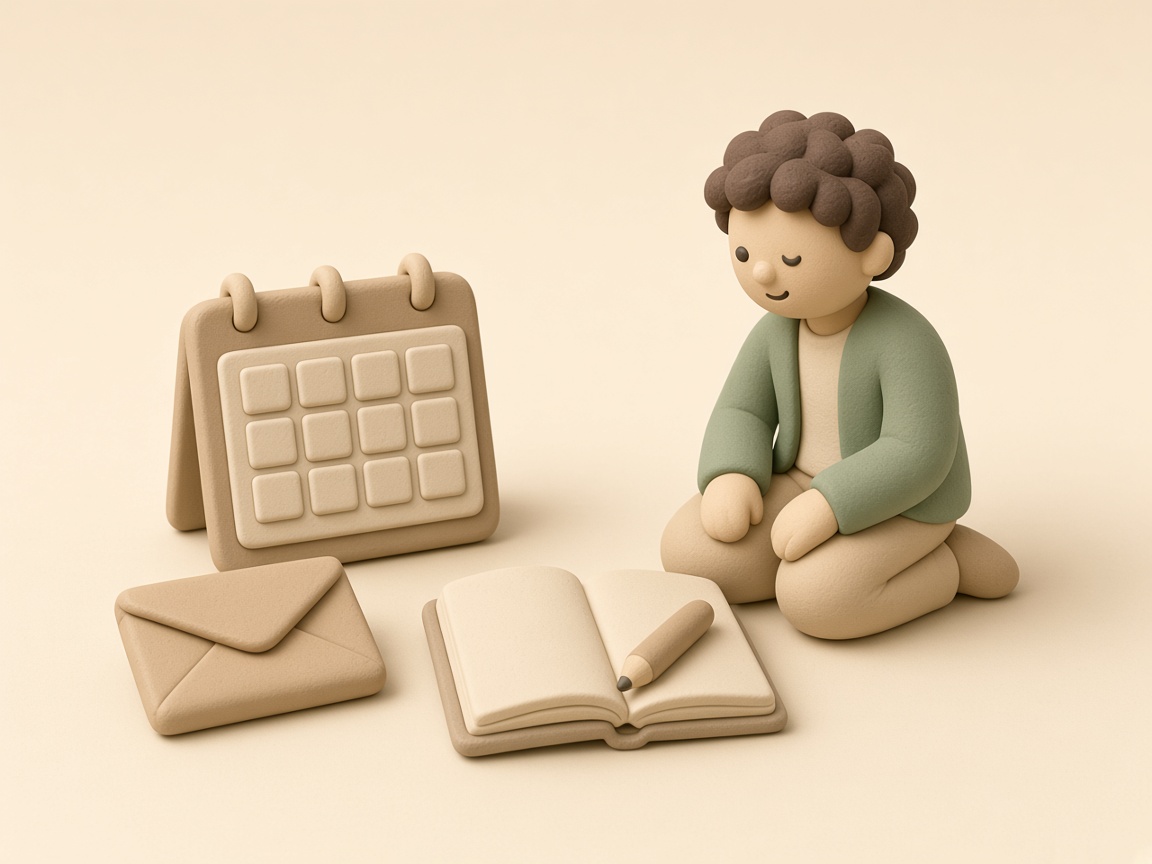 Clay-Figur mit Kalender, Nachrichten und Notizbuch